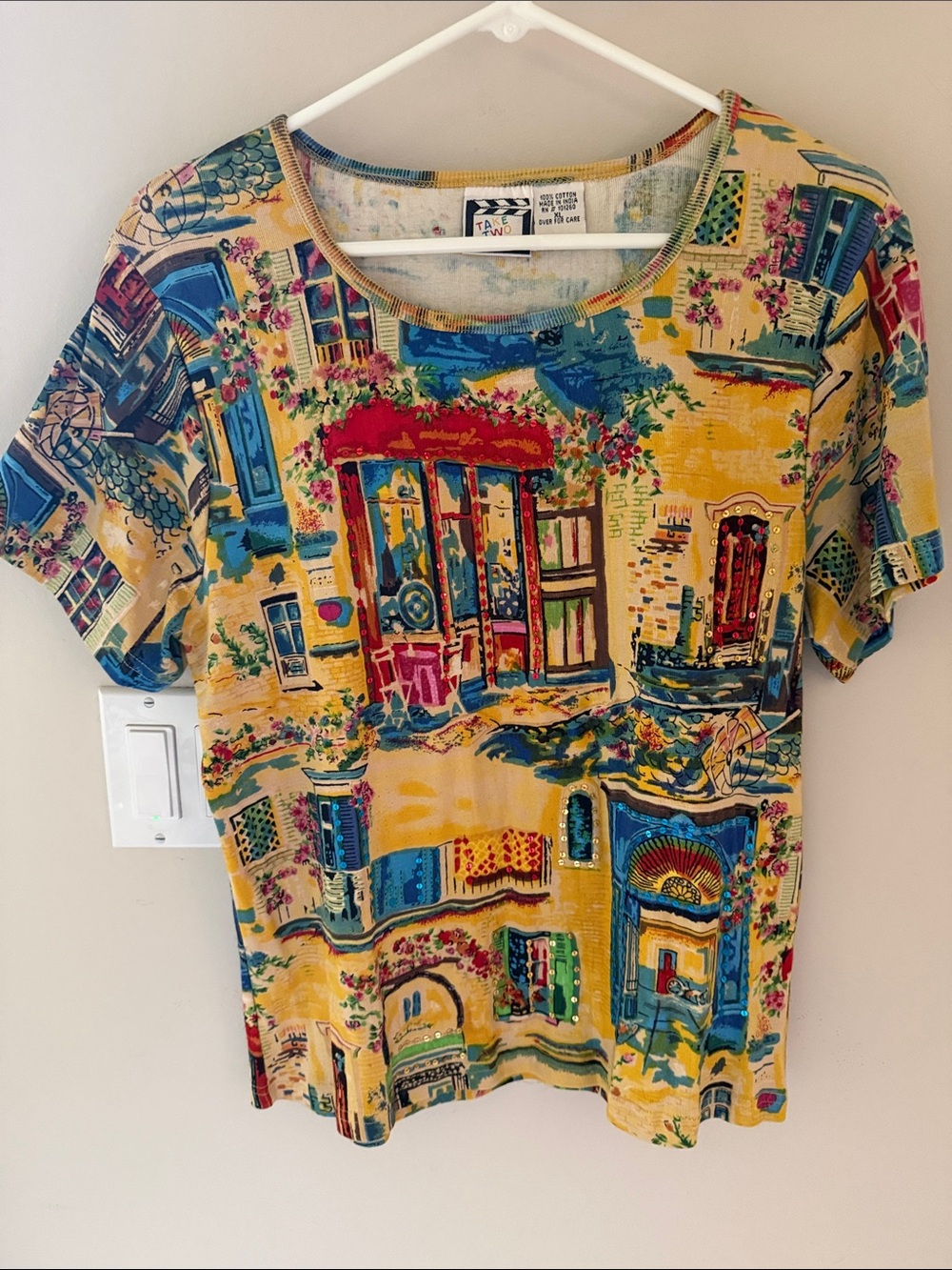 Vintage Take Two Scenic Village Print Sequin Tee XL Cottagecore Art Top Y2K